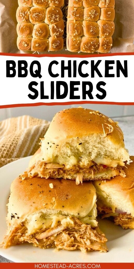 A collage of sliders on a sheet pan and cooked sliders stacked on a plate. The text overlay says BBQ Chicken Sliders.