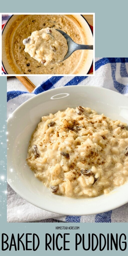 A collage of a bowl of rice pudding and a serving spoonful lifted over the pot. The text overlay says Baked Rice Pudding.