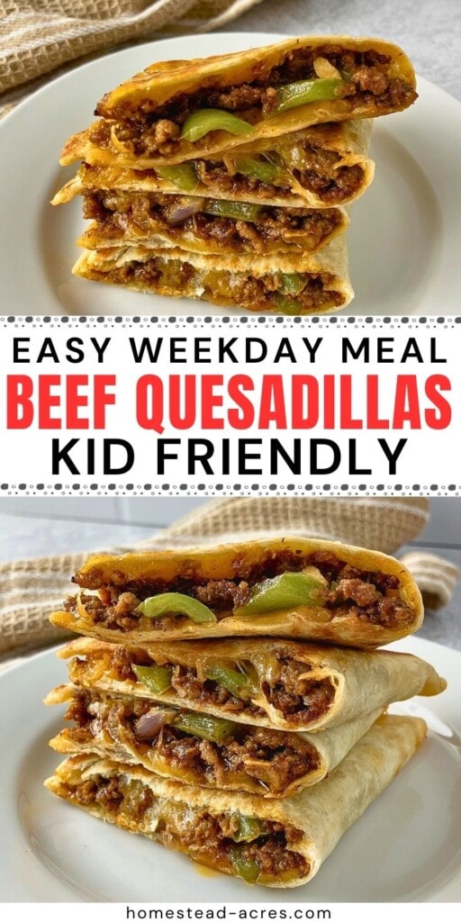 A collage of ground beef quesadillas filled with seasoned beef, red onions, and green peppers. The text overlay says Easy Weekday Meal Beef Quesadillas Kid Friendly.