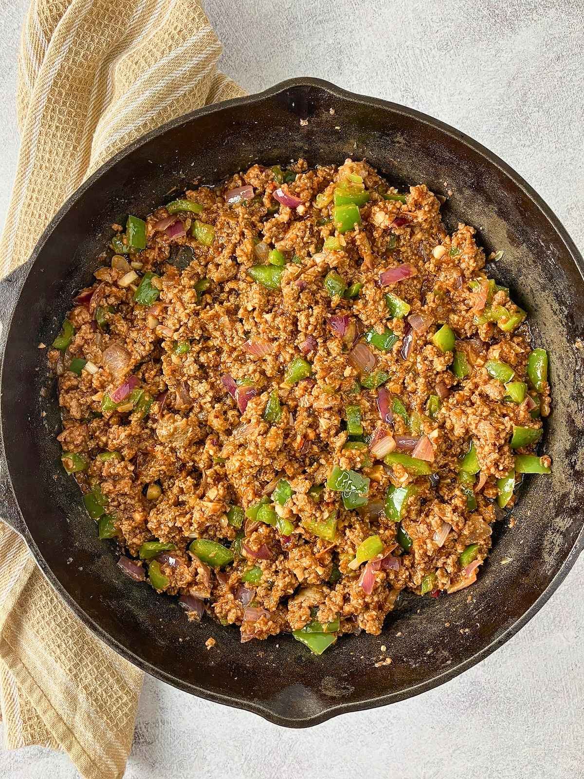 Cooked filling for beef quesadillas.