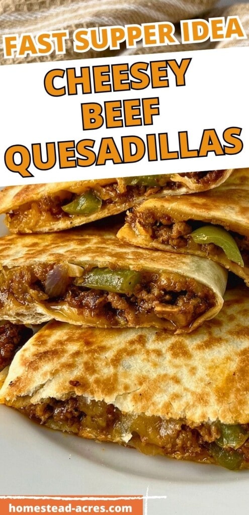 Delicious cheesy beef quesadillas with green peppers and red onions. The text overlay says Fast Supper Idea Cheesy Beef Quesadillas.