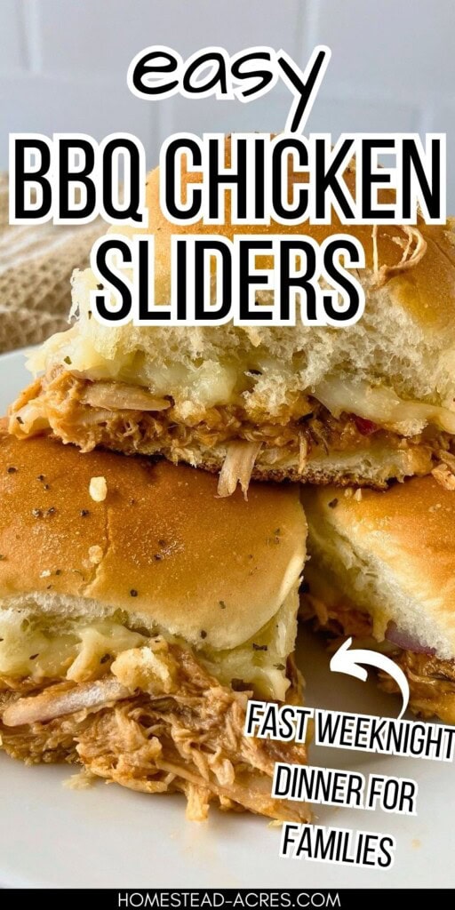 Homemade BBQ chicken sliders on a white serving plate. The text overlay says Easy BBQ Chicken Sliders Fast Weeknight Dinner For Families.