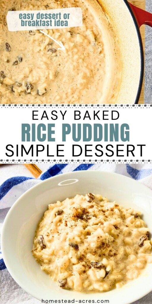 A collage of a large Dutch oven filled with homemade rice pudding and a bowl full on the counter. The text overlay says Easy Baked Rice Pudding Simple Dessert. Easy Dessert Or Breakfast Idea.