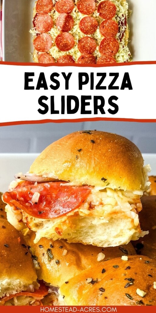 A collage of rolls with toppings in a baking dish and finished sliders. The text overlay says Easy Pizza Sliders.