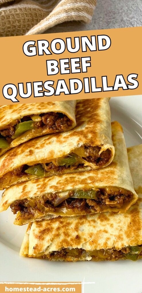 Four slices of beef quesadillas stacked on a white plate. The text overlay says Ground Beef Quesadillas.