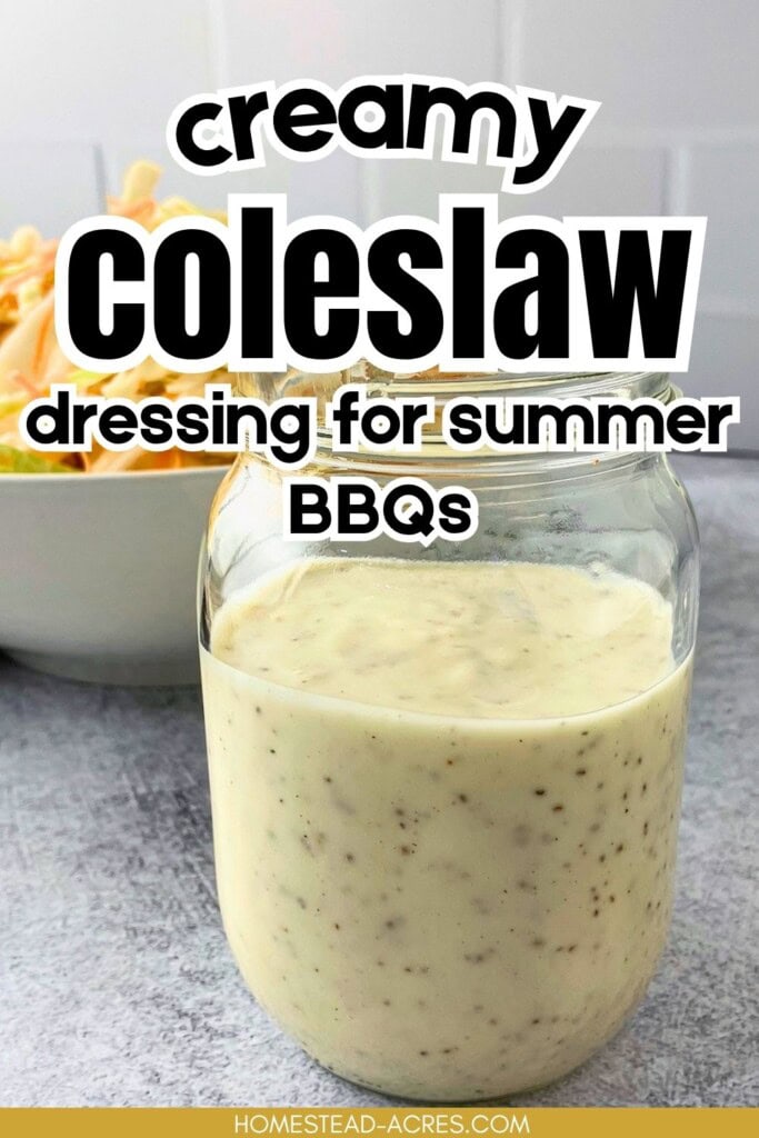 A jar of homemade slaw dressing is on the counter next to a bowl of coleslaw. The text overlay says Creamy Coleslaw Dressing For Summer BBQs.