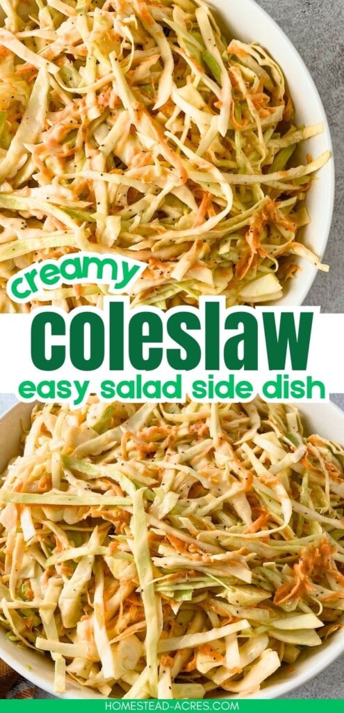 A collage of a serving bowl of homemade coleslaw. The text overlay says Creamy Coleslaw Easy Salad Side Dish.