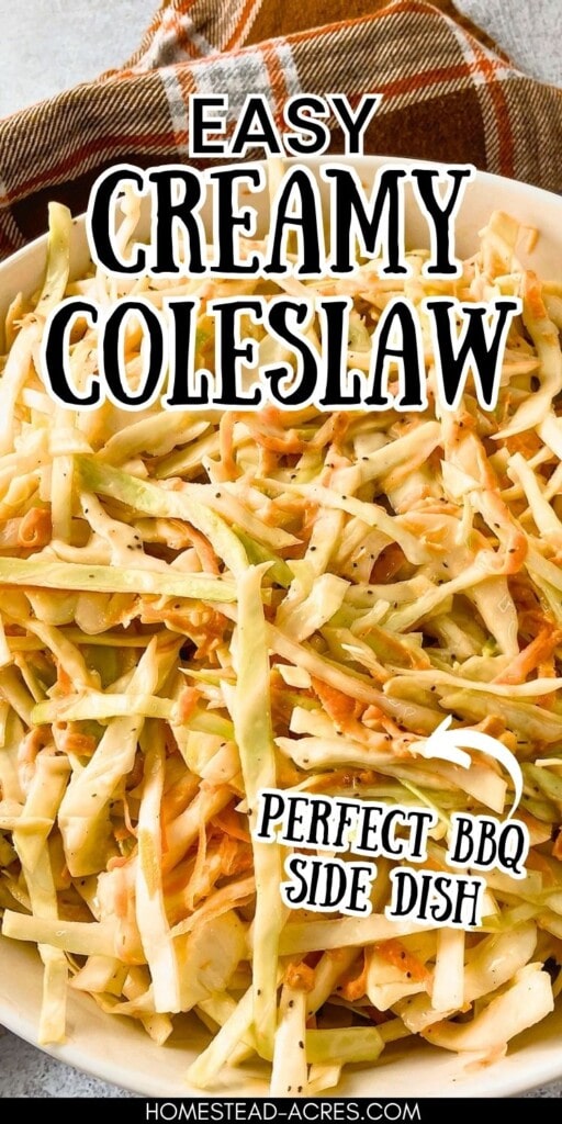 A white bowl of homemade creamy slaw. The text overlay says Easy Creamy Coleslaw Perfect BBQ Side Dish.