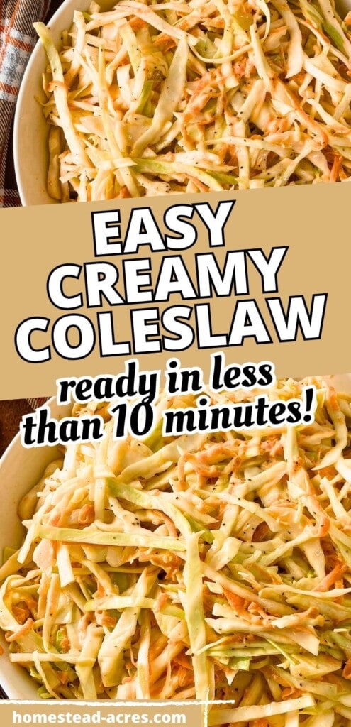 A collage of homemade coleslaw in a white serving bowl. The text overlay says Easy Creamy Coleslaw Ready In Less Than 10 Minutes!