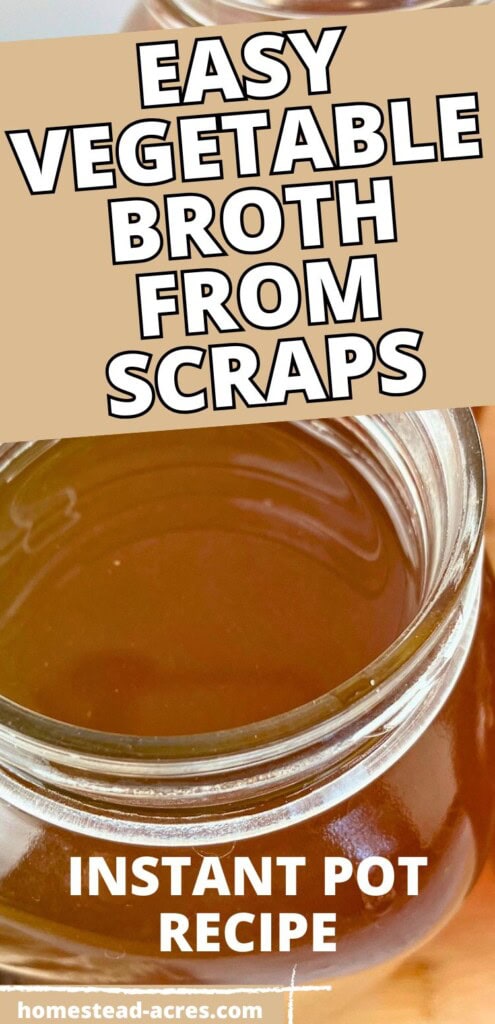 Big jars of homemade veggie broth on the counter. The text overlay says Easy Vegetable Broth From Scraps Instant Pot Recipe.