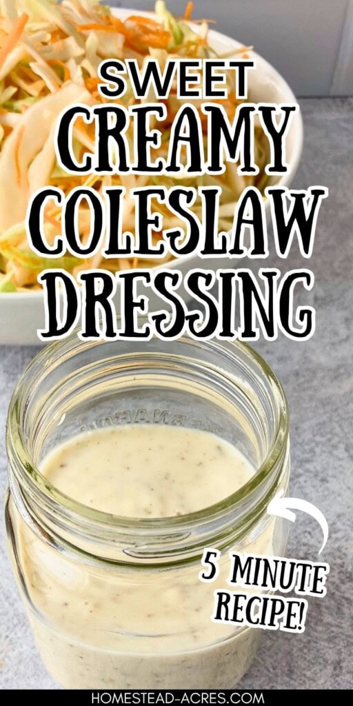 A jar of homemade coleslaw dressing on the counter in front of a bowl of shredded cabbage and carrots. The text overlay says Sweet Creamy Coleslaw Dressing 5 Minute Recipe!