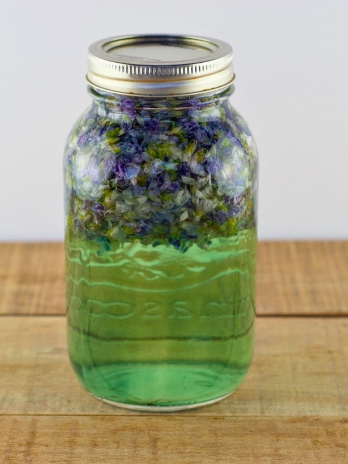 Violet tea steeping in a quart mason jar, with the water starting to turn a greenish-blue.
