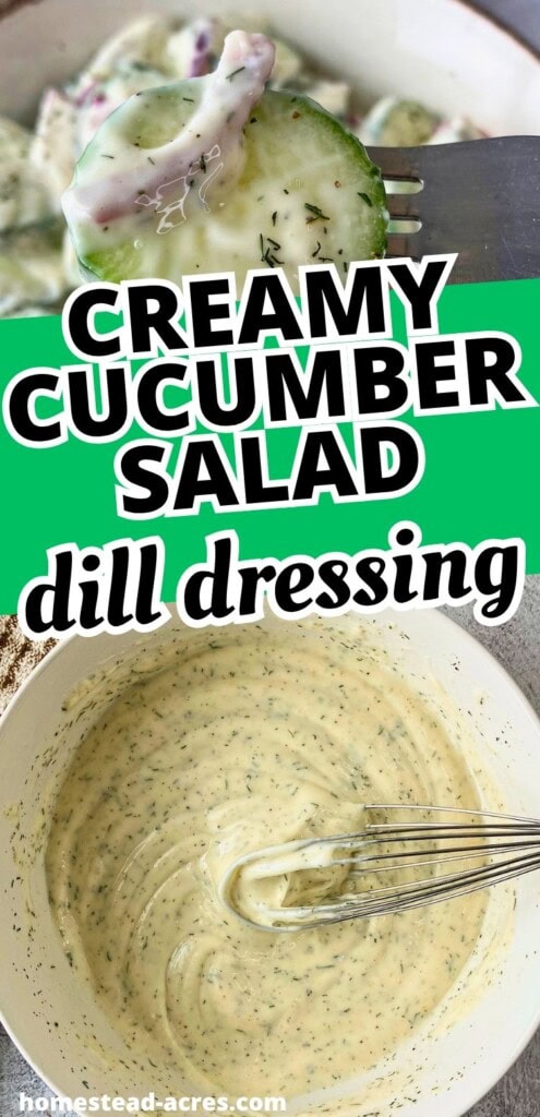 A collage of a bowl of homemade cucumber dressing and a tossed cucumber salad. The text overlay Creamy Cucumber Salad Dill Dressing.