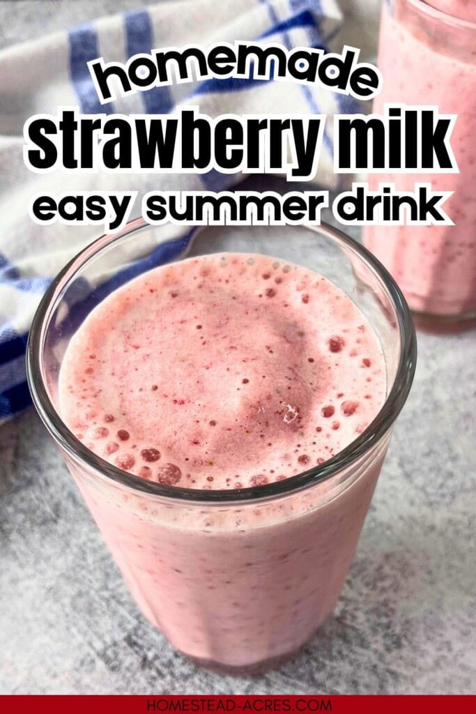 Close up of a glass of pink strawberry milk on a gray countertop with a blue and white towel behind it and a second glass blurred in the background. Text reads "Homemade Strawberry Milk Easy Summer Drink."