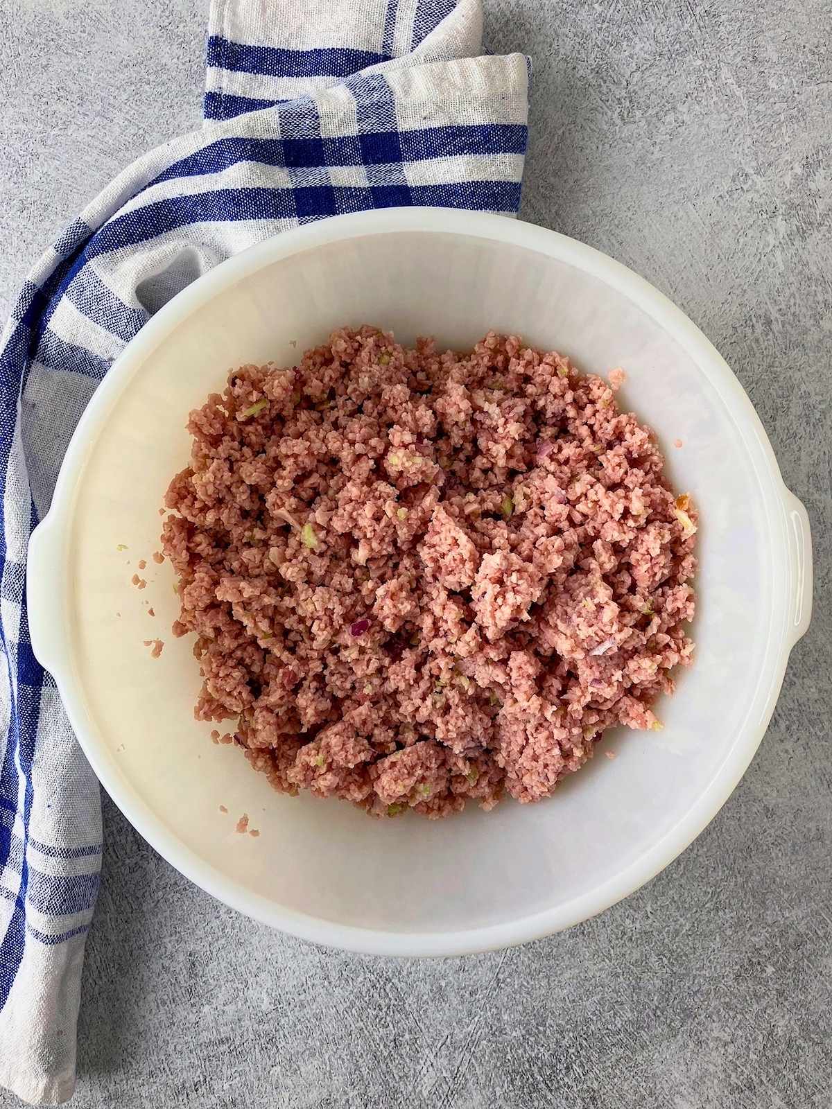 The chopped ham mixture was transferred to a mixing bowl.