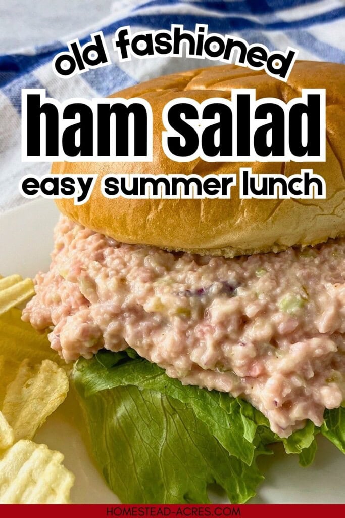 A ham salad sandwich on a plate with potato chips. The text overlay says Old Fashioned Ham Salad Easy Summer Lunch.