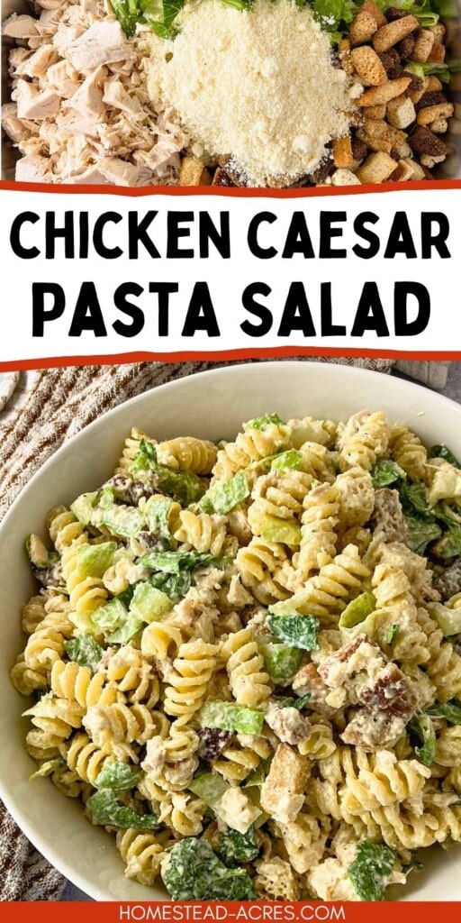 Collage showing chicken Caesar pasta salad ingredients before mixing and a finished bowl of pasta salad with rotini, chopped chicken, romaine lettuce, croutons, Parmesan cheese, and creamy dressing. The graphic text reads "Chicken Caesar Pasta Salad."