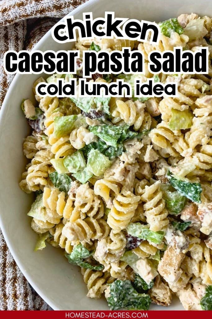 Close up of chicken Caesar pasta salad in a white bowl with rotini, chopped chicken, romaine lettuce, croutons, Parmesan cheese, and creamy dressing. The graphic text reads "chicken Caesar pasta salad cold lunch idea."
