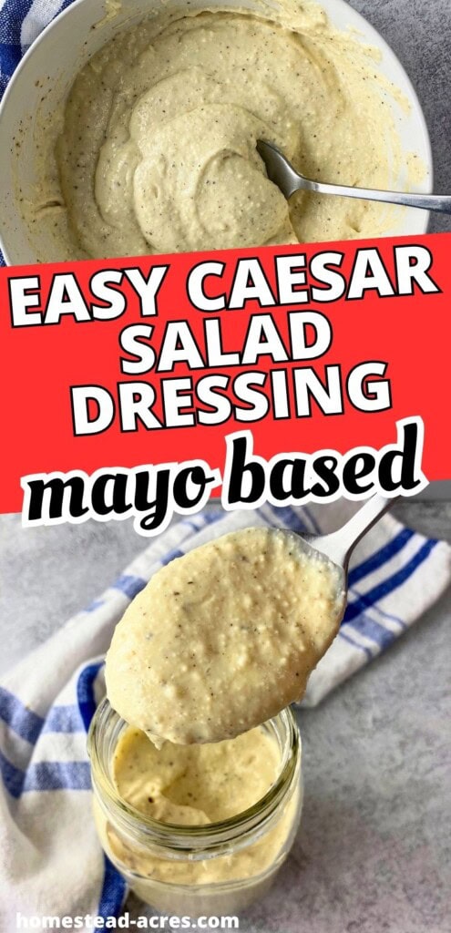 Collage showing a bowl of creamy Caesar dressing and a spoonful of thick dressing lifted from a glass jar. The graphic text reads "Easy Caesar Salad Dressing Mayo Based."