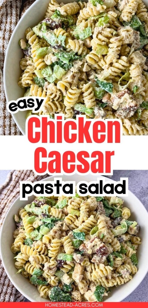 Collage showing close up bowls of chicken Caesar pasta salad with rotini, chopped chicken, romaine lettuce, croutons, Parmesan cheese, and creamy dressing. The graphic text reads "Easy Chicken Caesar Pasta Salad."