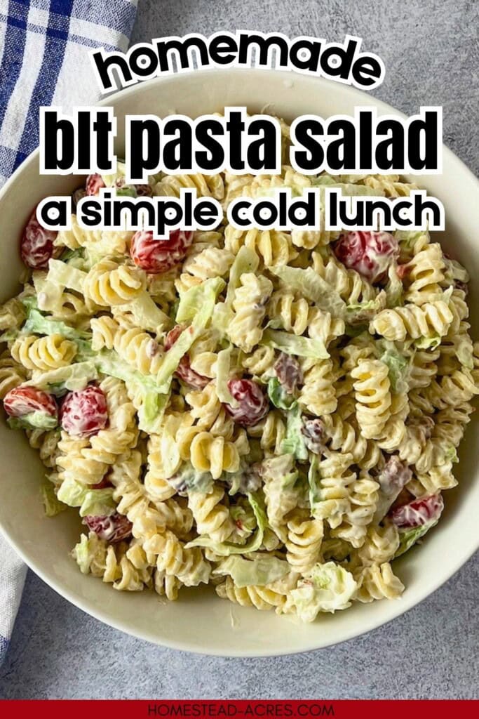 Bowl of creamy BLT pasta salad with rotini, grape tomatoes, lettuce, and bacon on a gray countertop. The text reads "Homemade BLT Pasta Salad A Simple Cold Lunch".