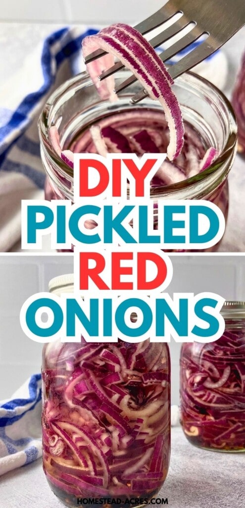 Fork lifting a thin slice of pickled red onion from a jar above two jars of onions in vinegar brine. Text reads "DIY pickled red onions".