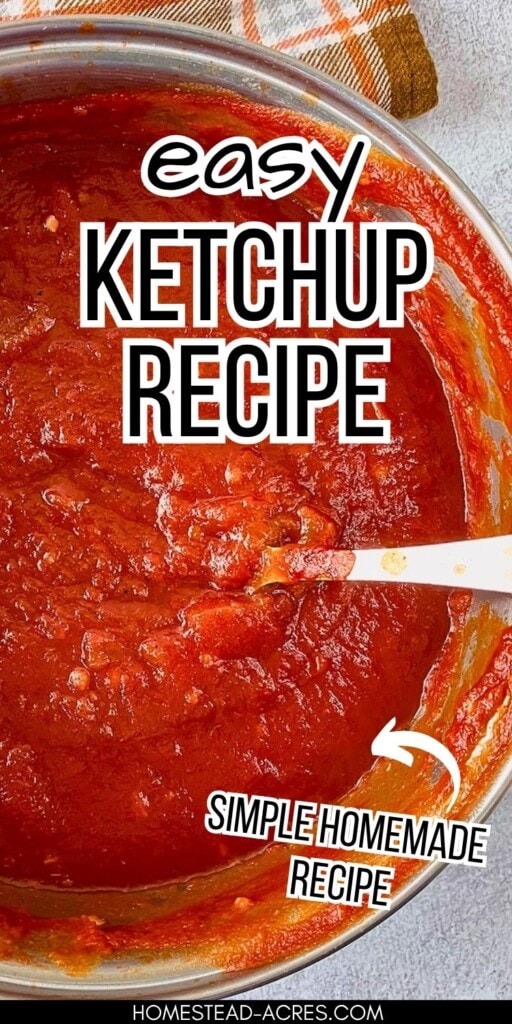 A pot of thick red ketchup is being stirred with a spoon. Text reads "easy ketchup recipe" and "simple homemade recipe".