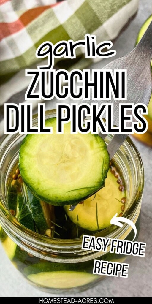 A fork lifting a round zucchini dill pickle slice from a jar of brine. Text reads "garlic zucchini dill pickles" and "easy fridge recipe".