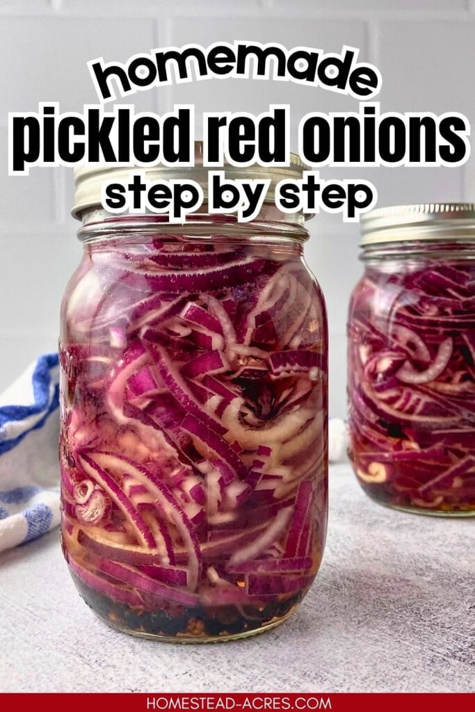Two jars of sliced pickled red onions in brine, with seasonings settled at the bottom. Text reads "homemade pickled red onions step by step".
