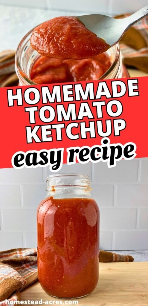 A spoonful of thick red ketchup above a glass jar of homemade tomato ketchup on a wooden board. Text reads "Homemade tomato ketchup easy recipe".