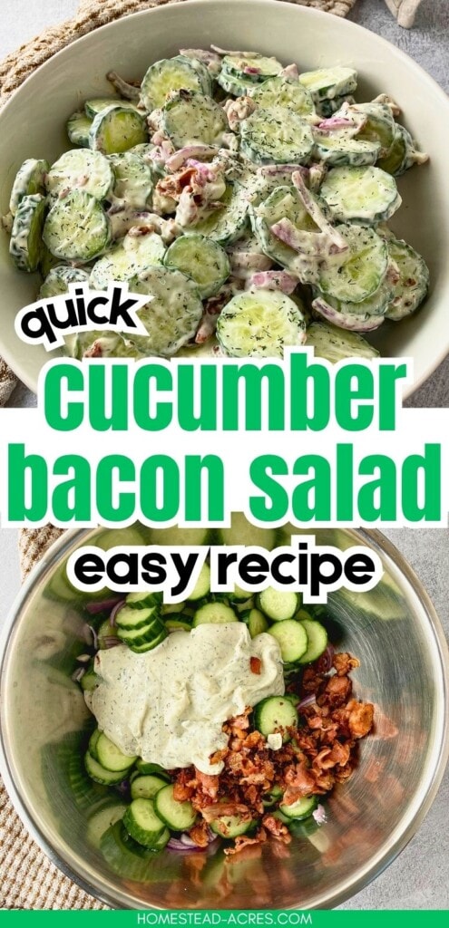 Bowl of creamy cucumber bacon salad above a mixing bowl with sliced cucumbers, red onion, bacon pieces, and dressing. Text reads "quick cucumber bacon salad easy recipe".