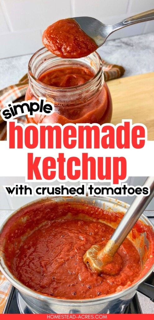 A spoonful of thick red ketchup above a glass jar, with homemade ketchup being blended in a pot below. Text reads "simple homemade ketchup with crushed tomatoes".
