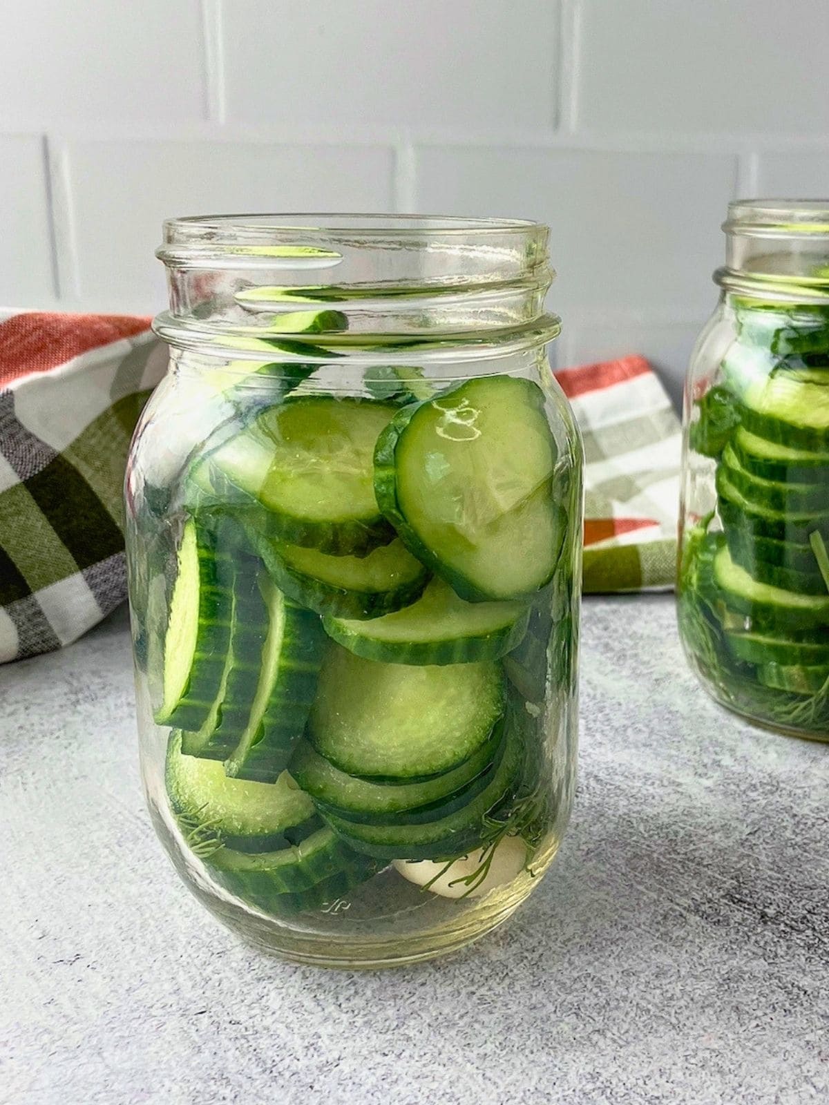 Glass jars filled with sliced cucumbers, garlic, and fresh dill for a refrigerator dill pickles recipe before the brine is added.