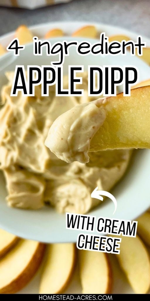 An apple slice coated with creamy cream cheese apple dip is held above a bowl of dip surrounded by sliced apples. Text reads "4 ingredient APPLE DIP" and "WITH CREAM CHEESE".