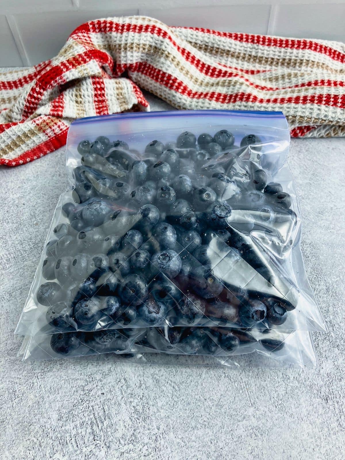 Clear freezer bag filled with blueberries resting on a gray surface with a red and white kitchen towel in the background.