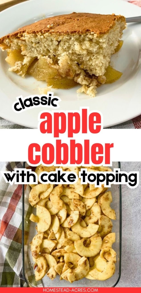 Collage image showing a slice of golden brown apple cobbler on a white plate above a glass baking dish filled with sliced spiced apples before baking. Text reads "classic apple cobbler with cake topping".