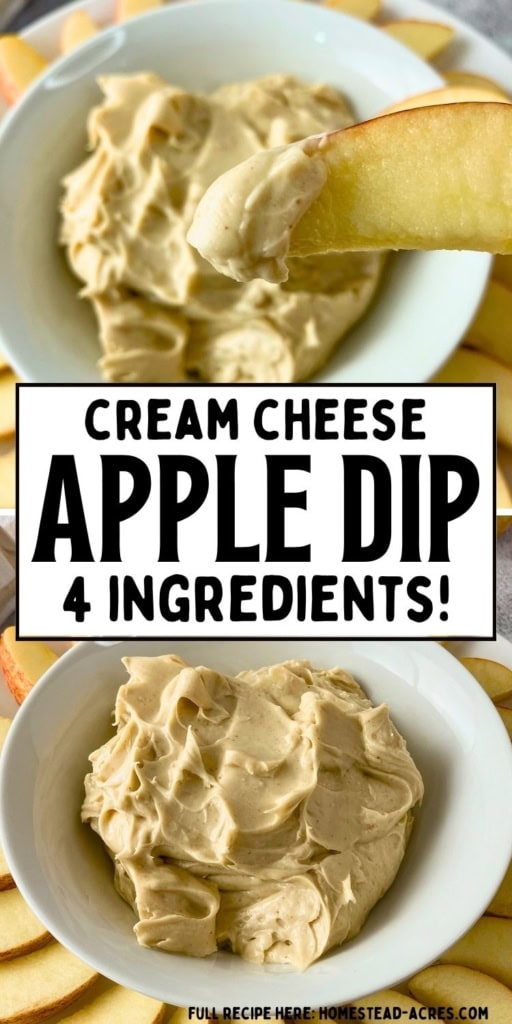 Collage image showing an apple slice dipped in creamy apple dip above a bowl of the finished dip surrounded by sliced apples. Text reads "CREAM CHEESE APPLE DIP 4 INGREDIENTS!".