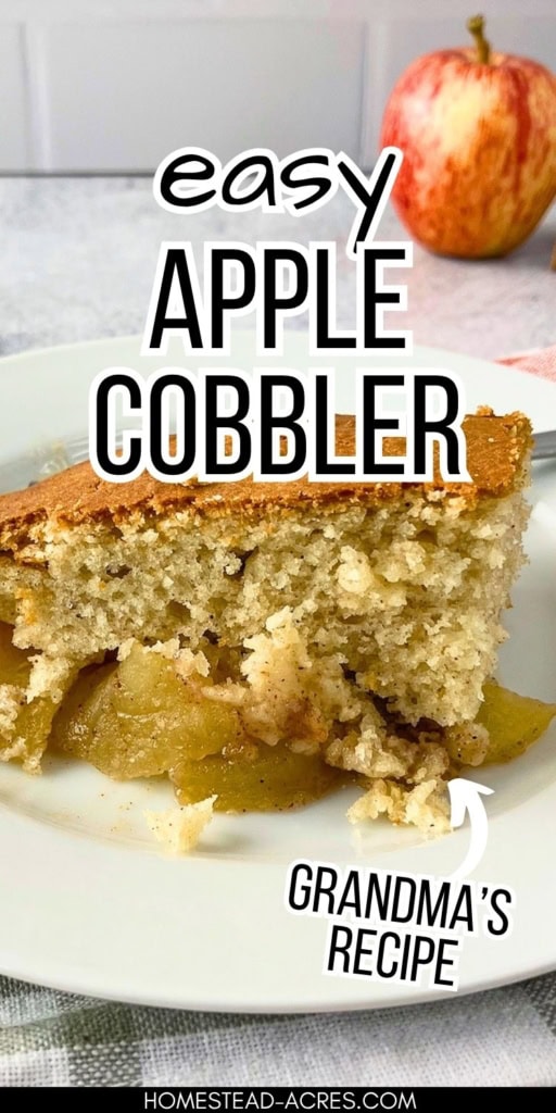 Collage image showing a close up slice of golden brown apple cobbler with soft apple filling on a white plate and a whole apple in the background. Text reads "easy APPLE COBBLER" and "GRANDMA’S RECIPE".