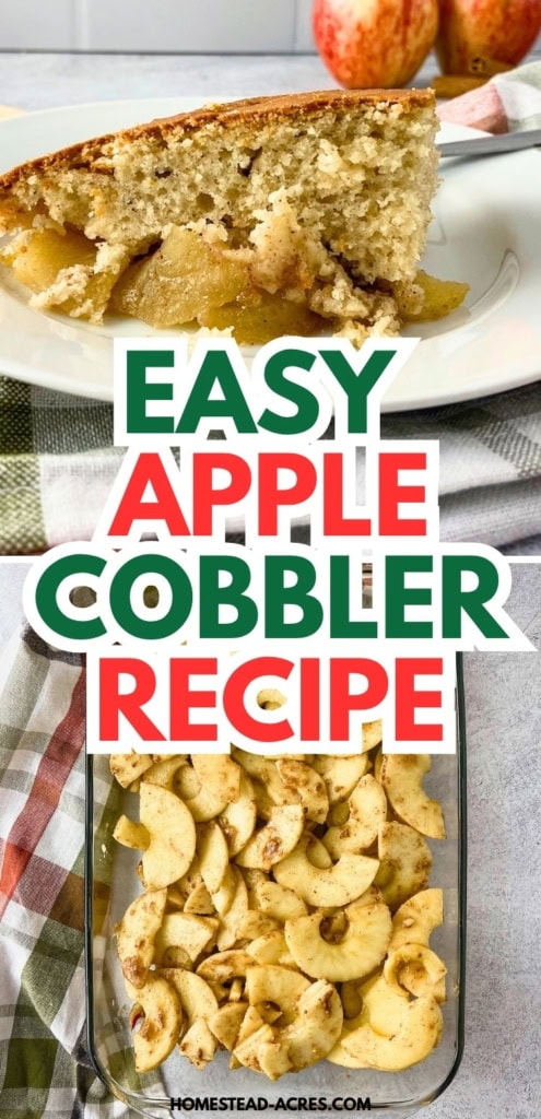 Collage image showing a slice of golden brown apple cobbler with soft apple filling on a white plate above a glass baking dish filled with sliced spiced apples before baking. Text reads "EASY APPLE COBBLER RECIPE".