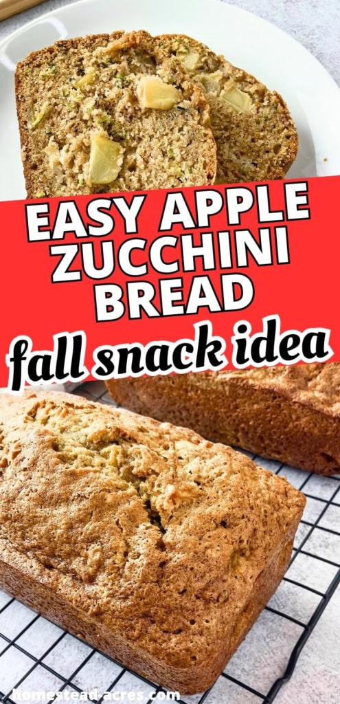Collage image showing slices of apple zucchini bread with visible apple pieces above two golden brown loaves cooling on a wire rack. Text reads "EASY APPLE ZUCCHINI BREAD" and "fall snack idea".