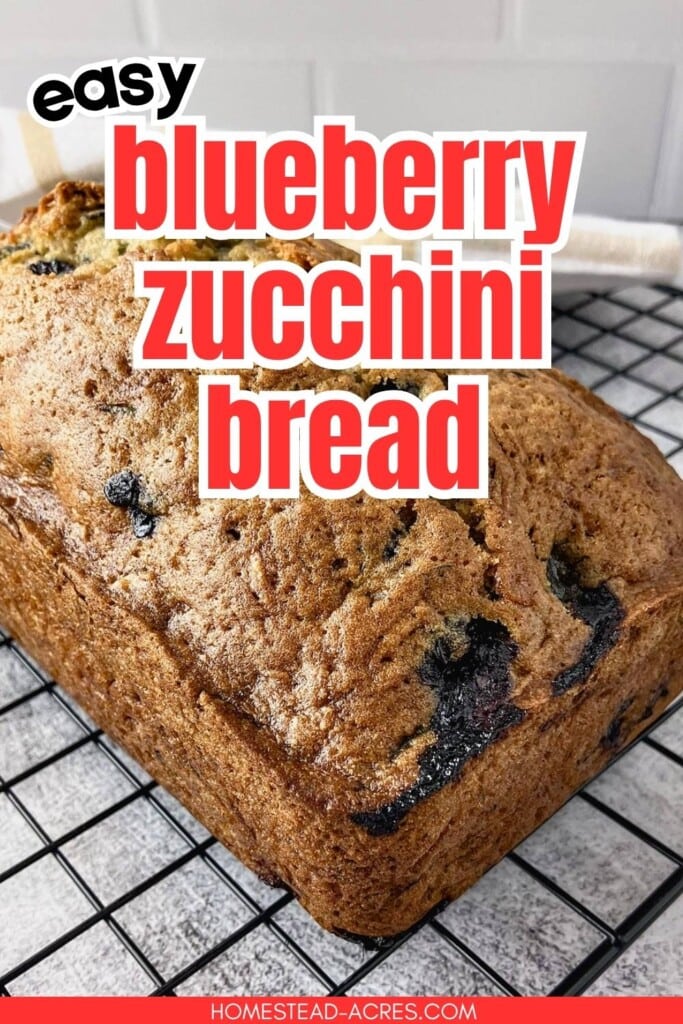 Loaf of easy blueberry zucchini bread cooling on a wire rack with blueberries baked into the golden crust. Text reads "easy blueberry zucchini bread".