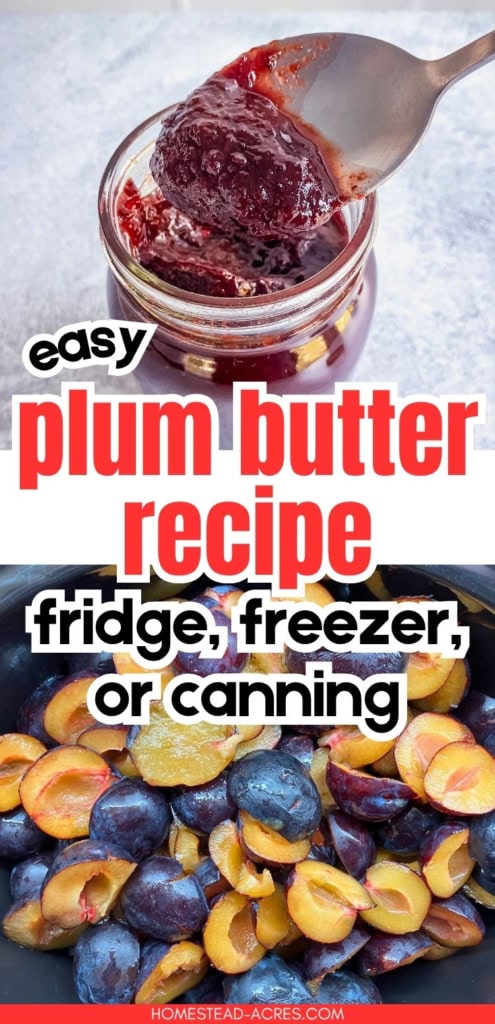 Collage showing a spoonful of thick slow cooker plum butter above halved plums in a slow cooker. Text reads "easy plum butter recipe fridge freezer or canning".