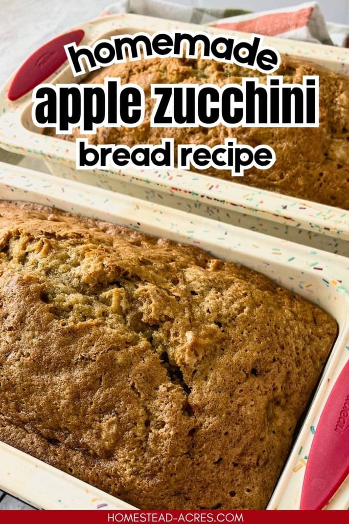 Collage image showing two golden brown loaves of apple zucchini bread baked in loaf pans with cracked tops. Text reads "homemade apple zucchini bread recipe".