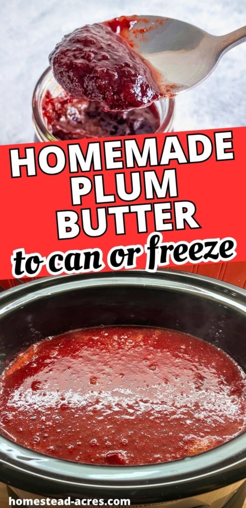Collage showing a spoonful of thick slow cooker plum butter above a slow cooker filled with smooth red plum puree. Text reads "HOMEMADE PLUM BUTTER" and "to can or freeze".