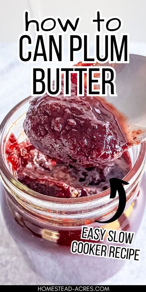 A spoonful of thick, dark red slow cooker plum butter held above an open jar. Text reads "how to CAN PLUM BUTTER" and "EASY SLOW COOKER RECIPE".
