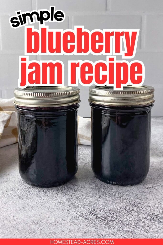 Two jars of dark blueberry jam on a gray counter with metal lids and a white tile background. Text reads "simple blueberry jam recipe".