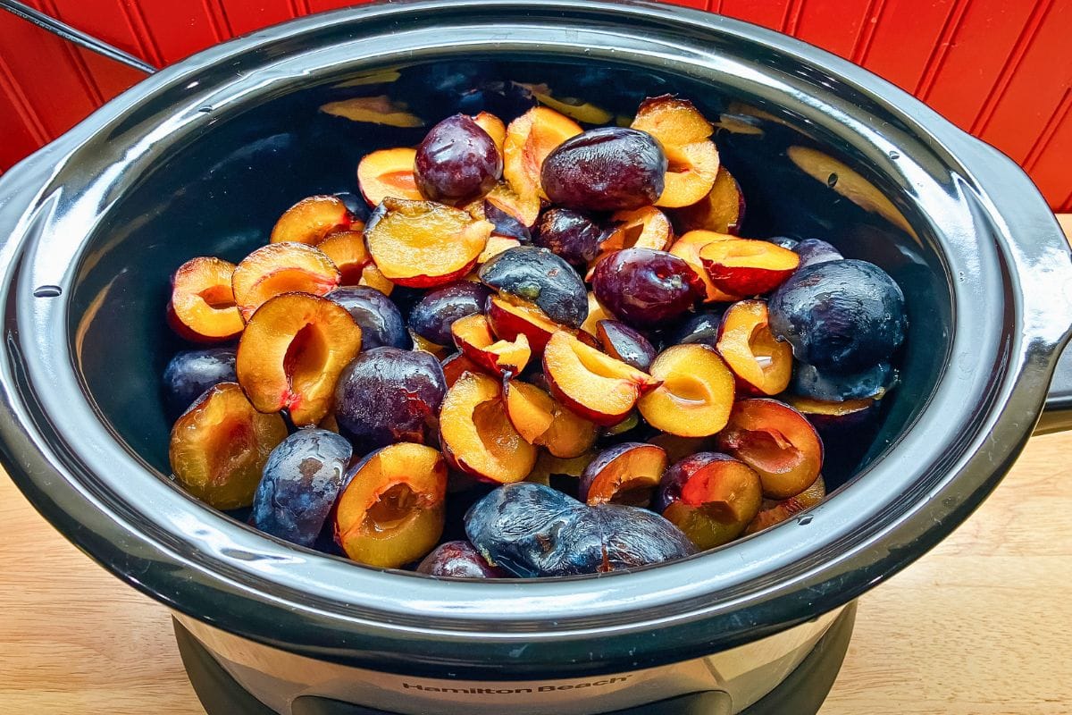 Halved and pitted plums piled inside a slow cooker.