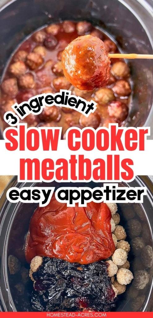 Slow cooker meatballs with grape jelly, shown finished in a glossy sauce and before cooking, with grape jelly and ketchup added over the meatballs. Text reads "3 ingredient slow cooker meatballs easy appetizer".