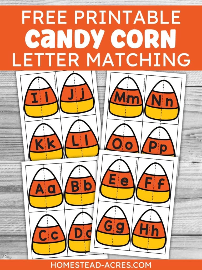 Four printable candy corn letter matching sheets show uppercase and lowercase letter pairs on orange yellow and white candy corn pieces. Text reads "FREE PRINTABLE CANDY CORN LETTER MATCHING".