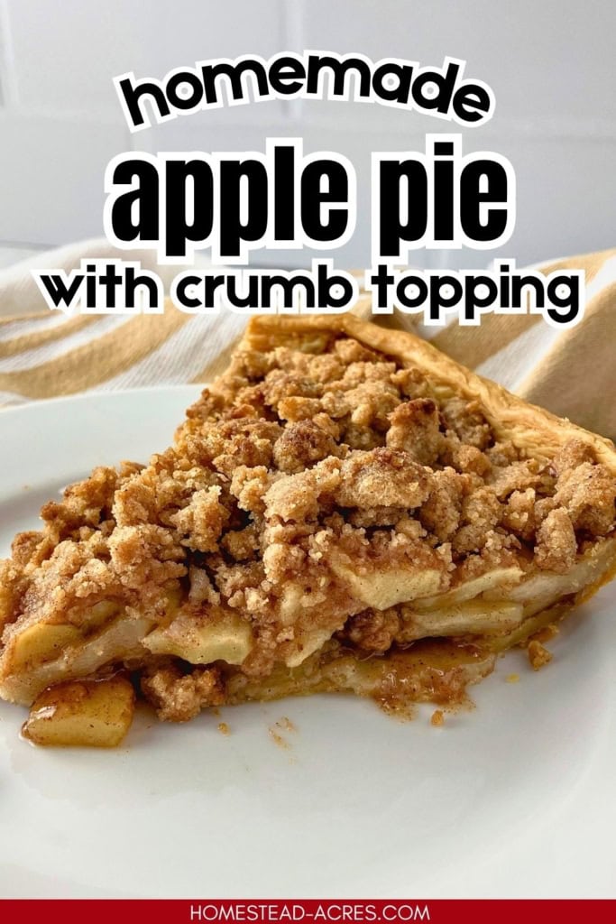 Slice of homemade apple pie filled with cinnamon coated apples and topped with a golden crumb topping on a white plate. Text reads "homemade apple pie with crumb topping".